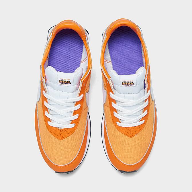 Back view of Little Kids' Nike Waffle Trainer 2 SE Casual Shoes in Kumquat/White/Psychic Purple Click to zoom
