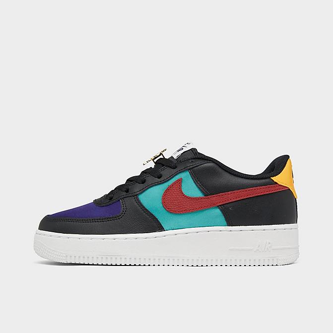 Right view of Big Kids' Nike Air Force 1 LV8 EMB Casual Shoes in Black/Gym Red/Washed Teal/Court Purple Click to zoom