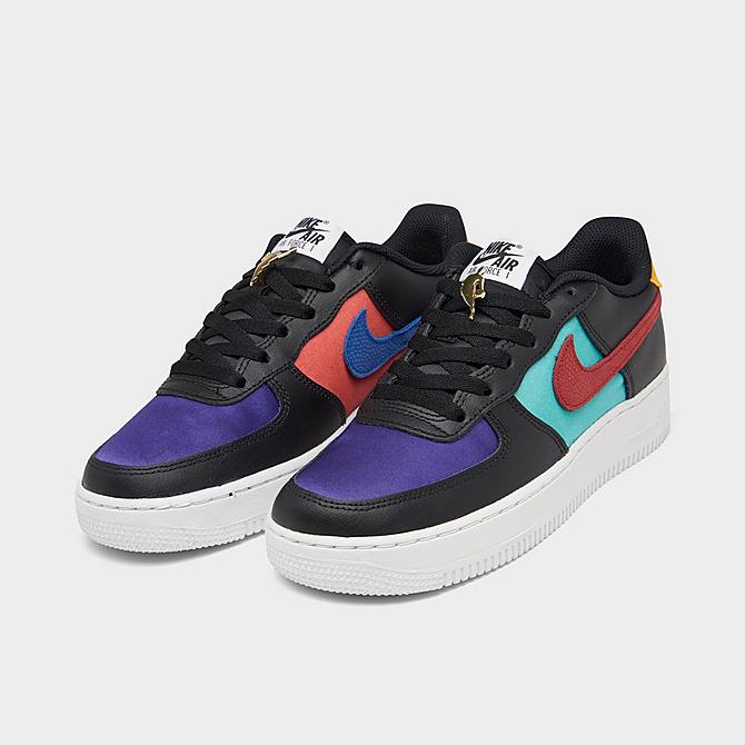 Three Quarter view of Big Kids' Nike Air Force 1 LV8 EMB Casual Shoes in Black/Gym Red/Washed Teal/Court Purple Click to zoom