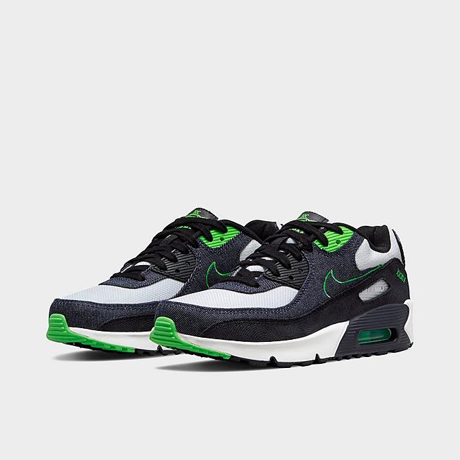 Three Quarter view of Big Kids' Nike Air Max 90 LTR SE Casual Shoes in Black/Obsidian/Scream Green/Summit White Click to zoom