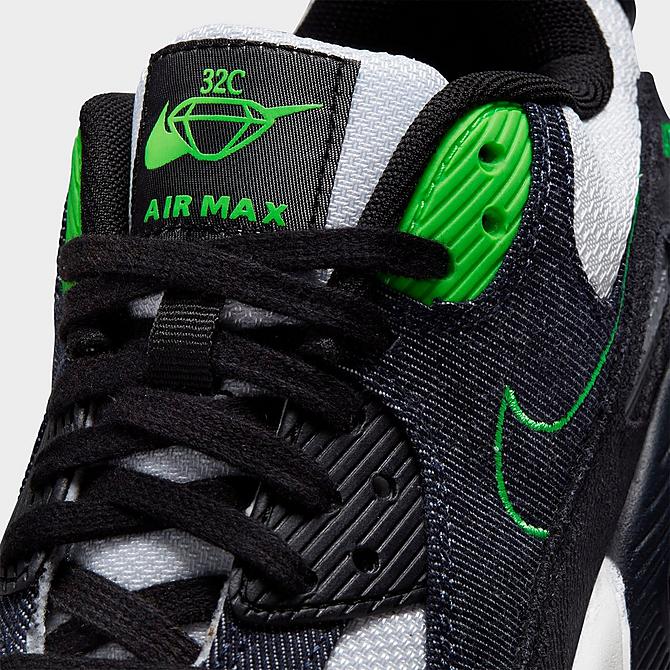 Front view of Big Kids' Nike Air Max 90 LTR SE Casual Shoes in Black/Obsidian/Scream Green/Summit White Click to zoom