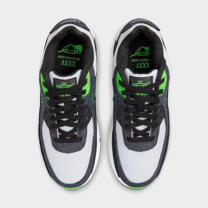 Back view of Big Kids' Nike Air Max 90 LTR SE Casual Shoes in Black/Obsidian/Scream Green/Summit White Click to zoom