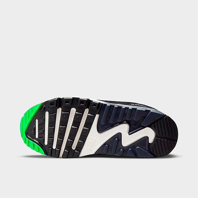 Bottom view of Little Kids' Nike Air Max 90 LTR SE Casual Shoes in Black/Obsidian/Scream Green/Summit White Click to zoom