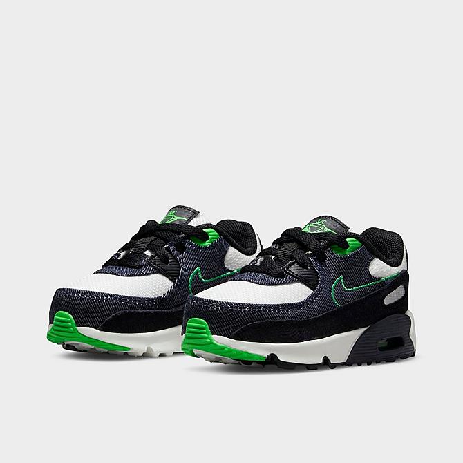 Three Quarter view of Kids' Toddler Nike Air Max 90 LTR SE Casual Shoes in Black/Scream Green/Summit White/Obsidian Click to zoom