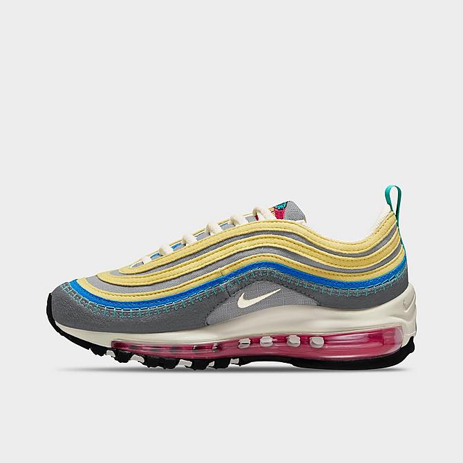 Three Quarter view of Big Kids' Nike Air Max 97 SE Casual Shoes in Iron Grey/Phantom/Particle Grey/Celery Click to zoom