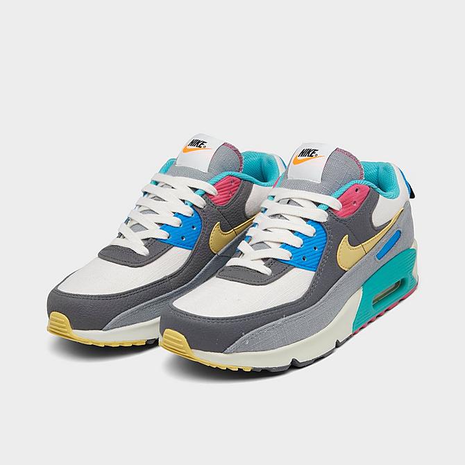 Three Quarter view of Big Kids' Nike Air Max 90 LTR Casual Shoes in Phantom/Celery/Iron Grey/Rush Pink Click to zoom