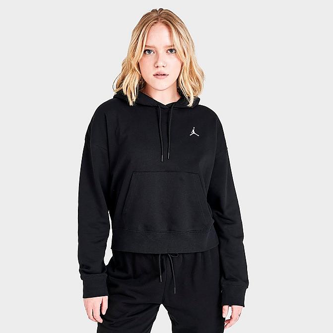 Front view of Women's Jordan Essentials Fleece Hoodie in Black Click to zoom