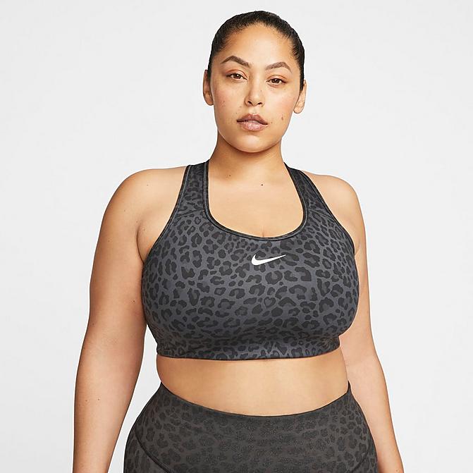 Front view of Women's Nike Dri-FIT Swoosh Printed Medium-Support Non-Padded Sports Bra (Plus Size) in Dark Smoke Grey/White Click to zoom