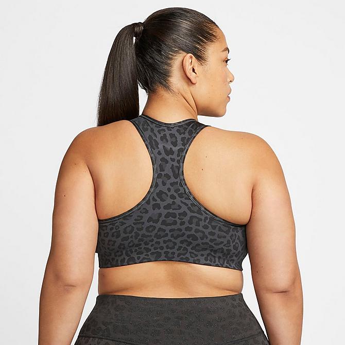 Back Left view of Women's Nike Dri-FIT Swoosh Printed Medium-Support Non-Padded Sports Bra (Plus Size) in Dark Smoke Grey/White Click to zoom