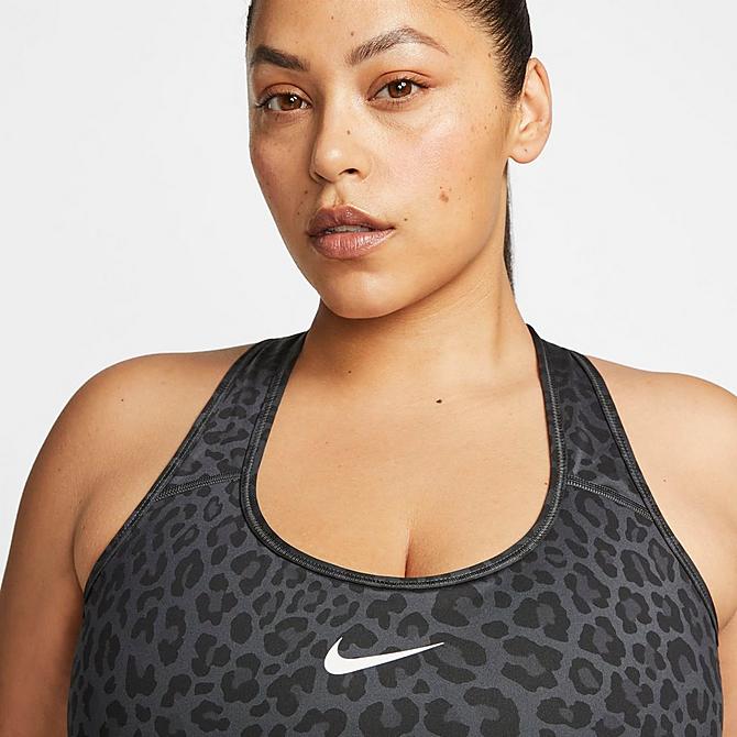 Back Right view of Women's Nike Dri-FIT Swoosh Printed Medium-Support Non-Padded Sports Bra (Plus Size) in Dark Smoke Grey/White Click to zoom