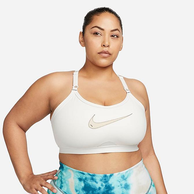 Front view of Women's Nike Dri-FIT Indy Padded Graphic Light-Support Sports Bra (Plus Size) in Phantom/Phantom/Black/Sanddrift Click to zoom