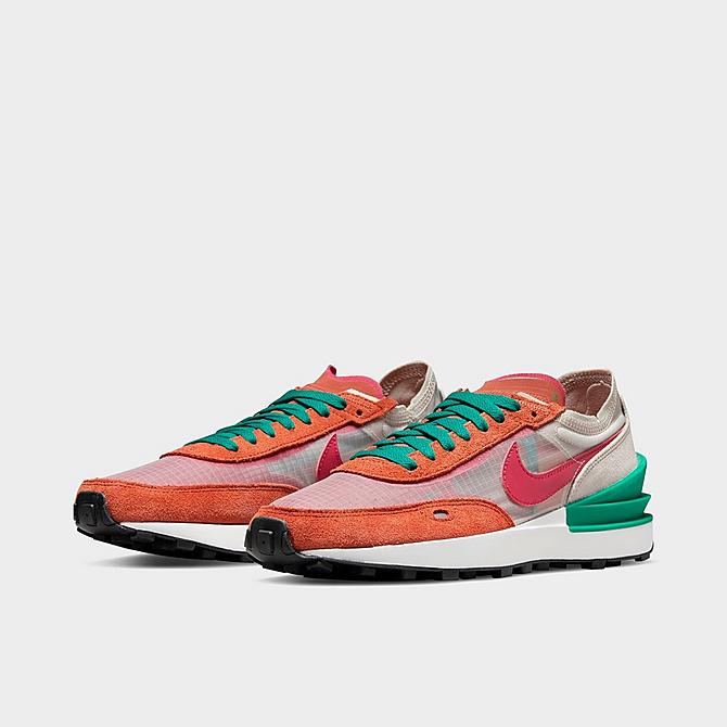 Three Quarter view of Women's Nike Waffle One SE Exeter Casual Shoes in Orange Pulse/Baroque Brown/University Gold/Pinksicle Click to zoom