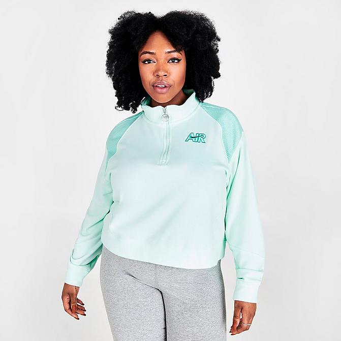 Front view of Women's Nike Sportswear Air Quarter-Zip Fleece Top (Plus Size) in Barely Green/Light Dew/Washed Teal Click to zoom