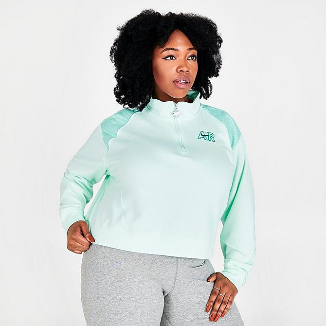 Back Left view of Women's Nike Sportswear Air Quarter-Zip Fleece Top (Plus Size) in Barely Green/Light Dew/Washed Teal Click to zoom