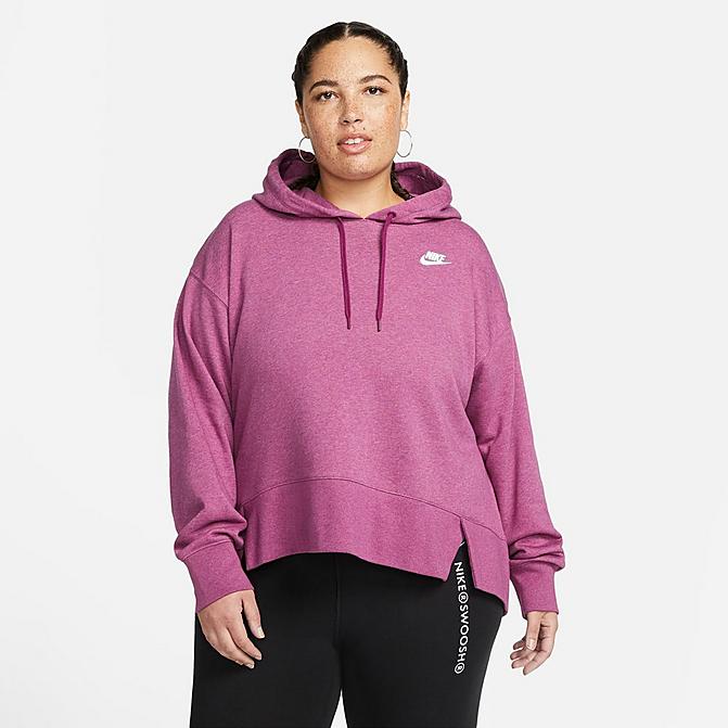 Front view of Women's Nike Sportswear Club French Terry Hoodie (Plus Size) in Sangria/Heather/White Click to zoom