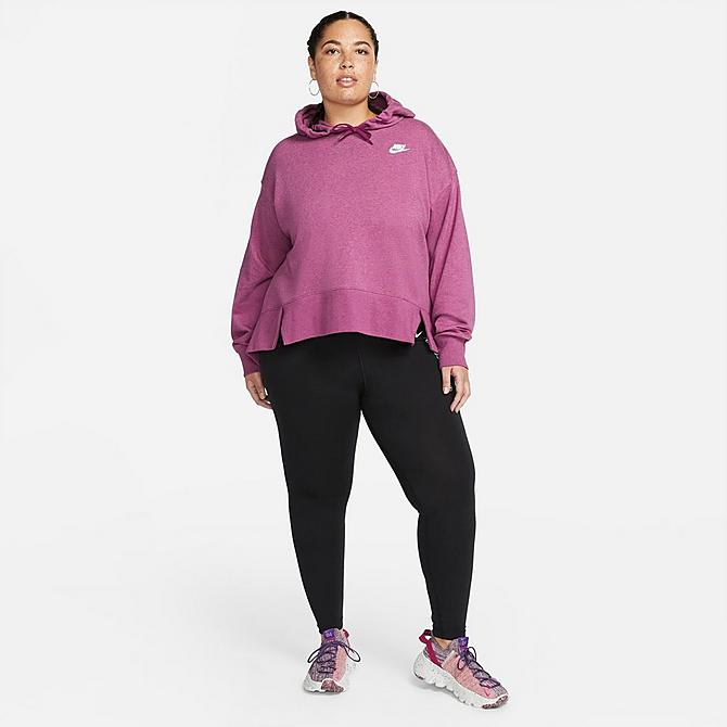 Front Three Quarter view of Women's Nike Sportswear Club French Terry Hoodie (Plus Size) in Sangria/Heather/White Click to zoom