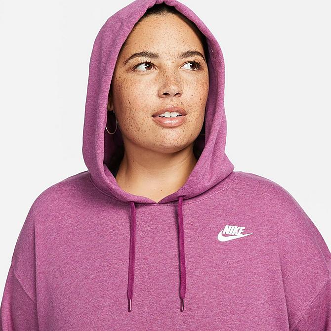 Back Right view of Women's Nike Sportswear Club French Terry Hoodie (Plus Size) in Sangria/Heather/White Click to zoom