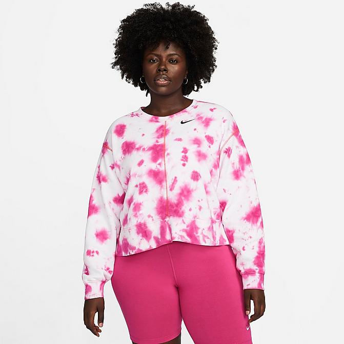 Front view of Women's Nike Sportswear Oversized Fleece Tie-Dye Crewneck Sweatshirt (Plus Size) in Active Pink/Siren Red/Black Click to zoom