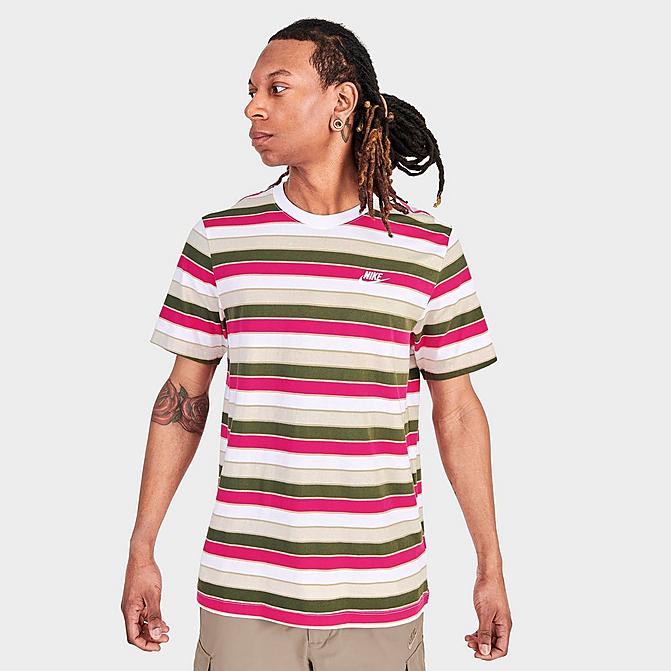 Front view of Men's Nike Sportswear Club Striped T-Shirt in White Click to zoom