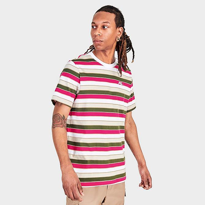 Back Left view of Men's Nike Sportswear Club Striped T-Shirt in White Click to zoom