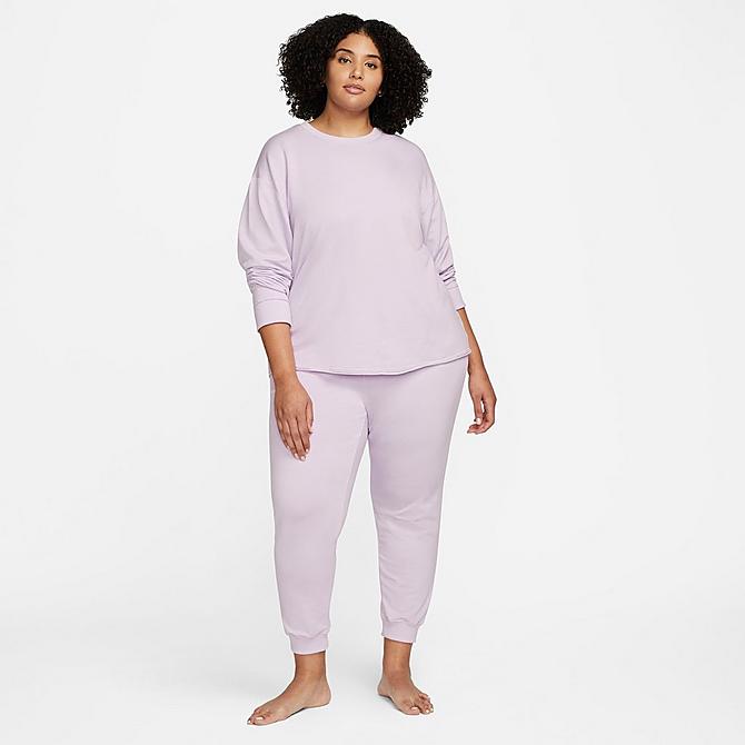 Front Three Quarter view of Women's Nike Yoga Luxe Fleece Crew Top (Plus Size) in Doll/Grey Fog Click to zoom