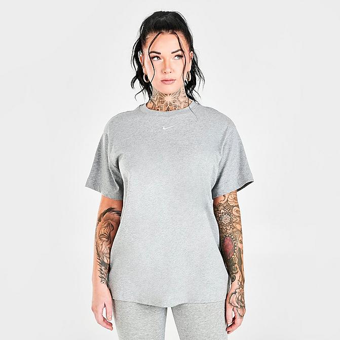 Front view of Women's Nike Sportswear Essential T-Shirt in Dark Grey Heather/White Click to zoom