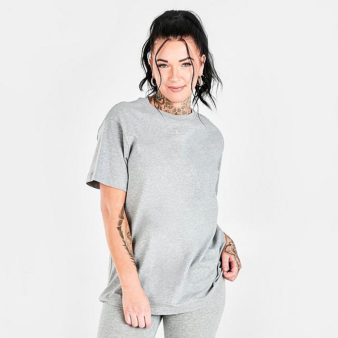 Back Left view of Women's Nike Sportswear Essential T-Shirt in Dark Grey Heather/White Click to zoom