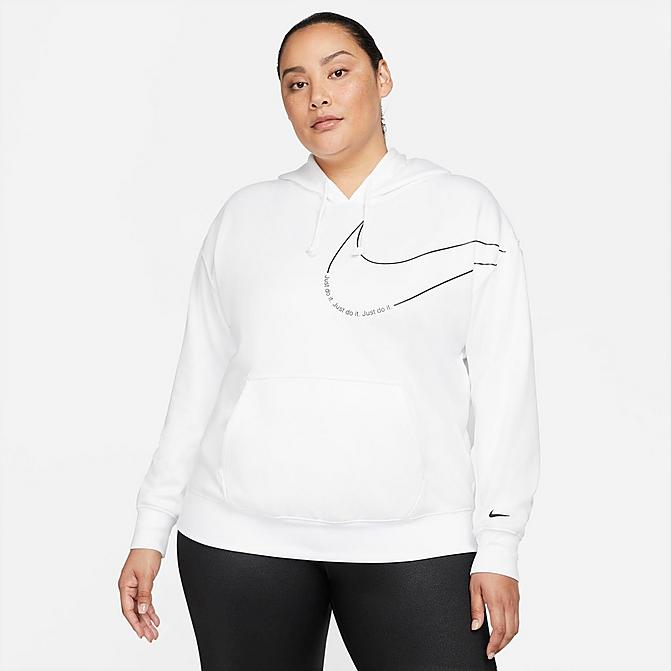 Front view of Women's Nike Therma-FIT Fleece Pullover Graphic Training Hoodie (Plus Size) in White/Black Click to zoom