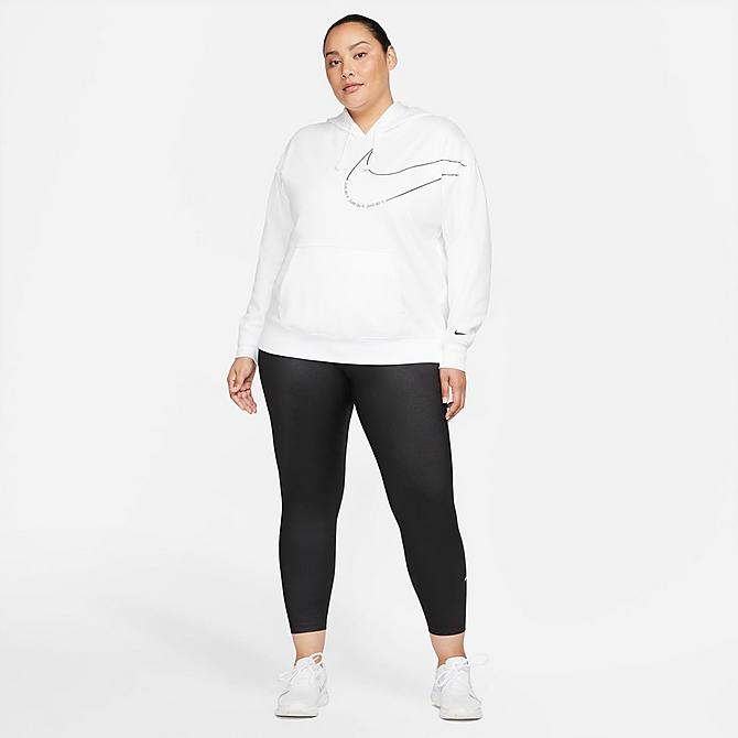 Front Three Quarter view of Women's Nike Therma-FIT Fleece Pullover Graphic Training Hoodie (Plus Size) in White/Black Click to zoom