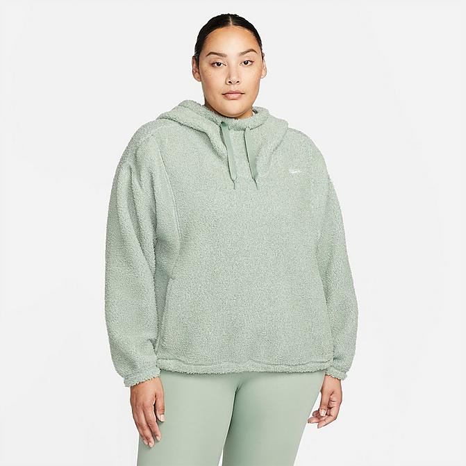 Front view of Women's Nike Therma-FIT Statement Cozy Pullover Training Hoodie (Plus Size) in Jade Smoke/White Click to zoom