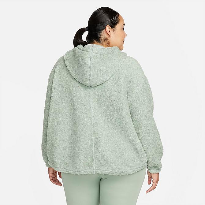 Back Left view of Women's Nike Therma-FIT Statement Cozy Pullover Training Hoodie (Plus Size) in Jade Smoke/White Click to zoom