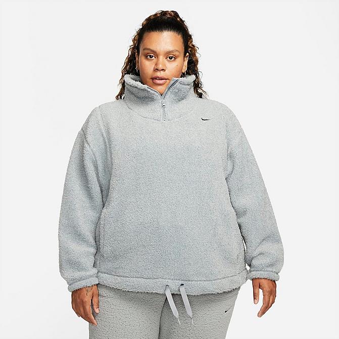 Front view of Women's Nike Therma-FIT Statement Cozy Pullover Top (Plus Size) in Particle Grey/Black Click to zoom