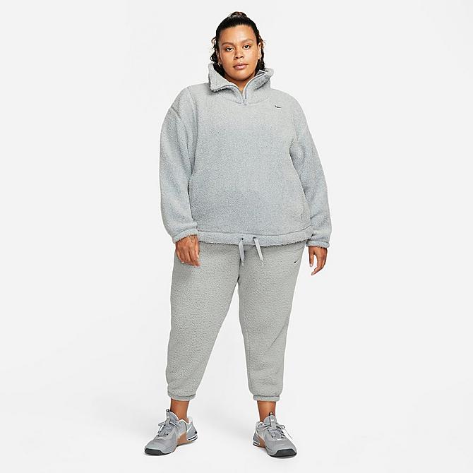 Front Three Quarter view of Women's Nike Therma-FIT Statement Cozy Pullover Top (Plus Size) in Particle Grey/Black Click to zoom
