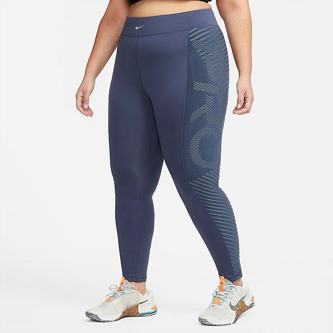Front view of Women's Nike Pro Therma-FIT ADV High-Waisted Training Tights (Plus Size) in Thunder Blue/Metallic Silver Click to zoom