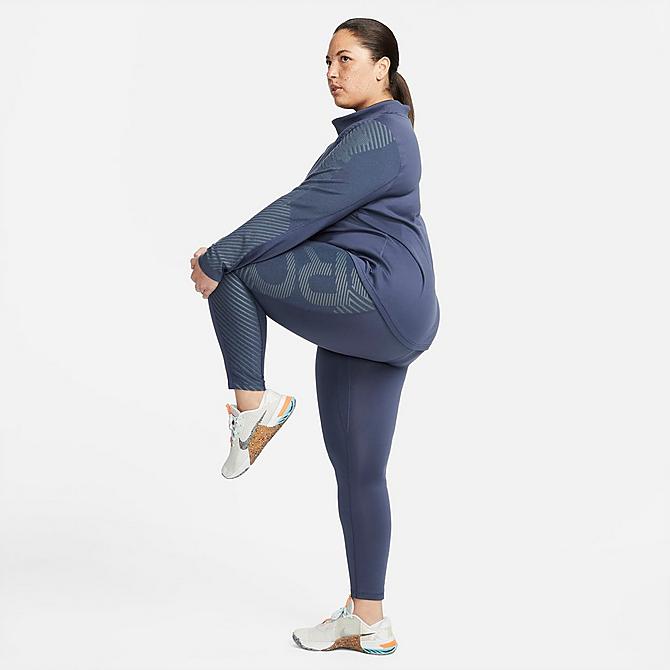 Front Three Quarter view of Women's Nike Pro Therma-FIT ADV High-Waisted Training Tights (Plus Size) in Thunder Blue/Metallic Silver Click to zoom
