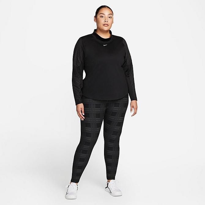 Front Three Quarter view of Women's Nike Pro Therma-FIT ADV Long-Sleeve Training Top (Plus Size) in Black/Metallic Silver Click to zoom
