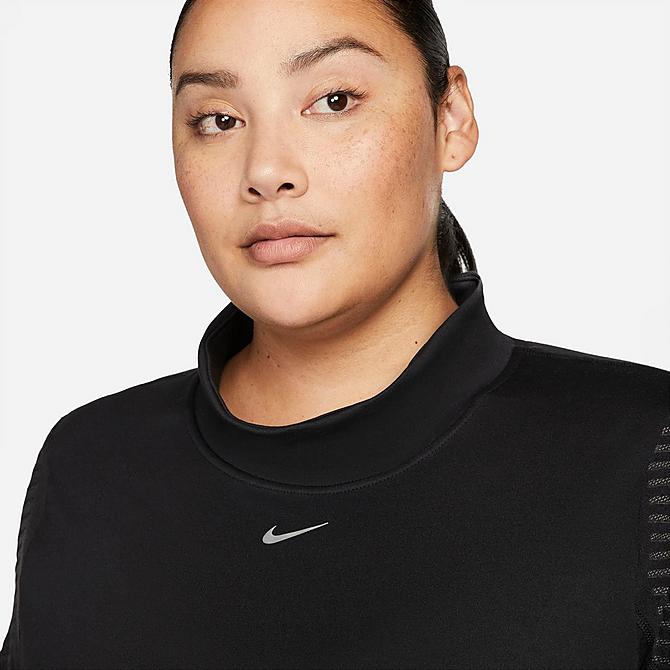Back Right view of Women's Nike Pro Therma-FIT ADV Long-Sleeve Training Top (Plus Size) in Black/Metallic Silver Click to zoom