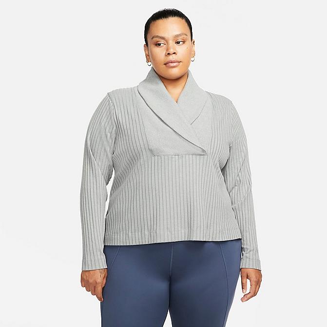 Front view of Women's Nike Yoga Luxe Fuzzy Ribbed Cover-Up Top (Plus Size) in Particle Grey/Htr/Platinum Tint Click to zoom