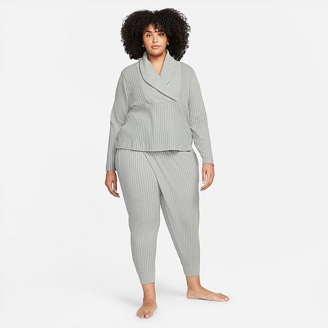 Front Three Quarter view of Women's Nike Yoga Luxe Fuzzy Ribbed Jogger Pants (Plus Size) in Particle Grey/Htr/Platinum Tint Click to zoom