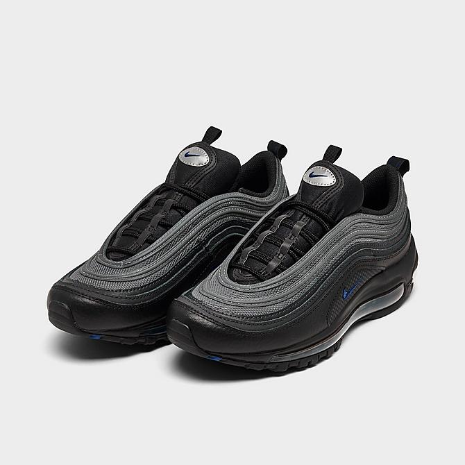Three Quarter view of Big Kids' Nike Air Max 97 Casual Shoes in Black/Metallic Silver/Racer Blue Click to zoom