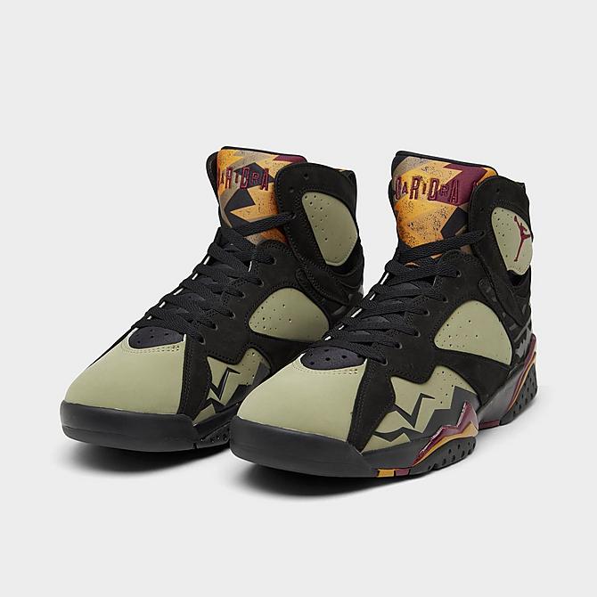Three Quarter view of Air Jordan Retro 7 SE Basketball Shoes in Black/Cherrywood Red/Neutral Olive Click to zoom