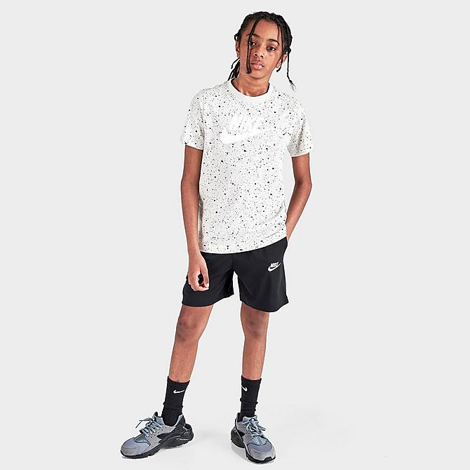 Front Three Quarter view of Kids' Nike Speckle Allover Print Futura T-Shirt in Light Bone Click to zoom
