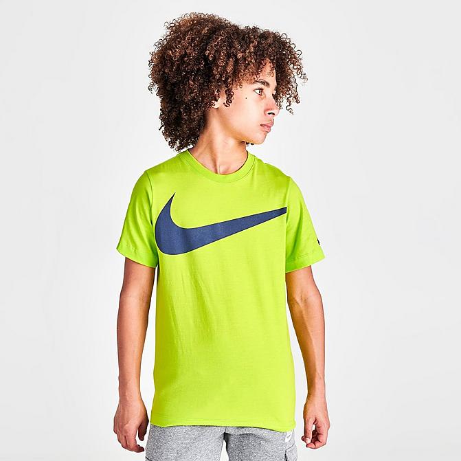 Front view of Boys' Nike HBR Swoosh Basketball T-Shirt in Volt/Dark Grey Click to zoom