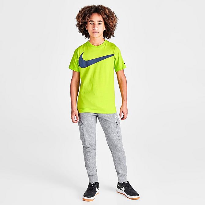 Front Three Quarter view of Boys' Nike HBR Swoosh Basketball T-Shirt in Volt/Dark Grey Click to zoom