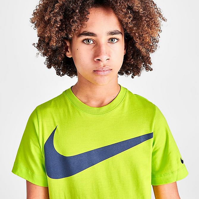 On Model 5 view of Boys' Nike HBR Swoosh Basketball T-Shirt in Volt/Dark Grey Click to zoom