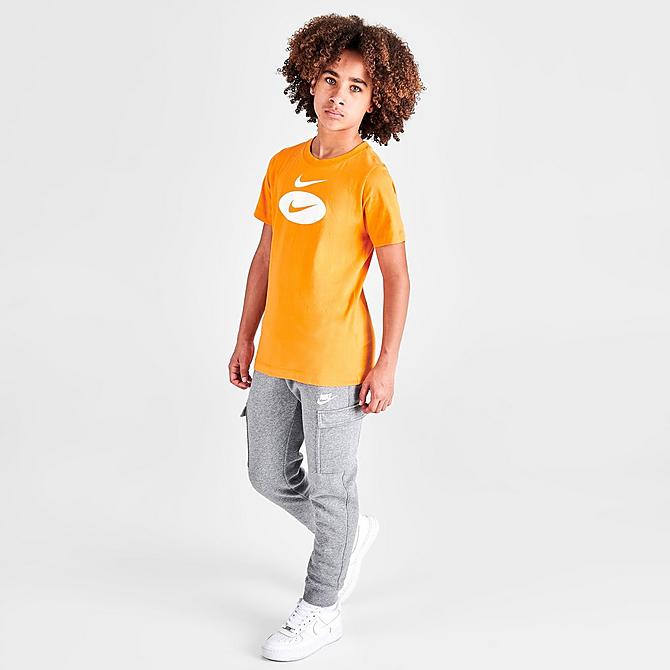 Front Three Quarter view of Boys' Nike Sportswear Swoosh Pack T-Shirt in Kumquat Click to zoom