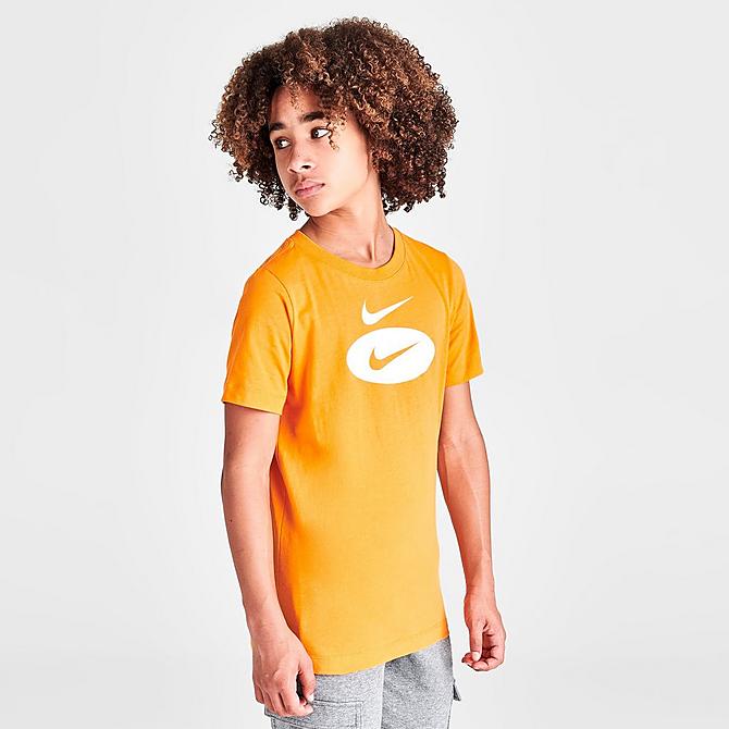 Back Left view of Boys' Nike Sportswear Swoosh Pack T-Shirt in Kumquat Click to zoom