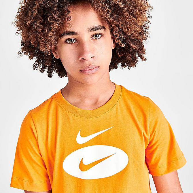 On Model 5 view of Boys' Nike Sportswear Swoosh Pack T-Shirt in Kumquat Click to zoom