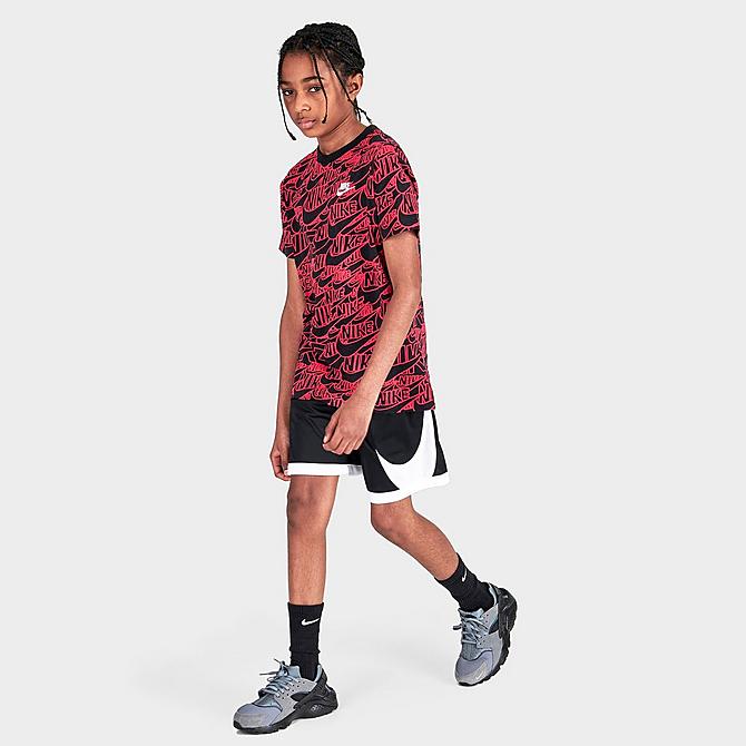 Front Three Quarter view of Boys' Nike Allover Print Pack T-Shirt in Black/Light Fusion Red Click to zoom