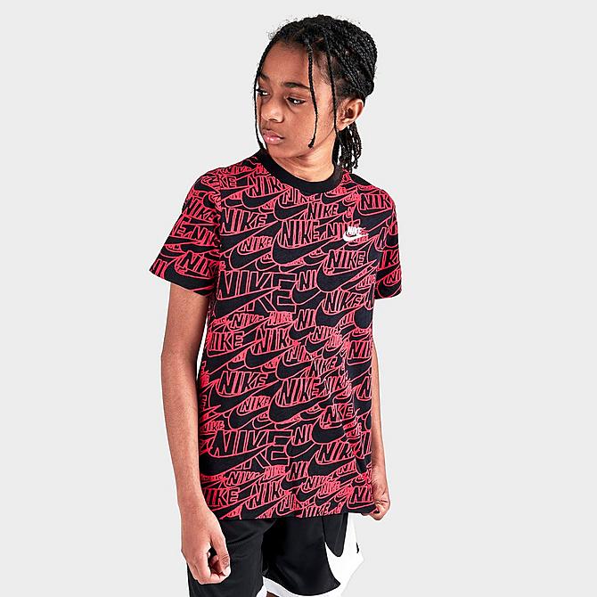 Back Left view of Boys' Nike Allover Print Pack T-Shirt in Black/Light Fusion Red Click to zoom
